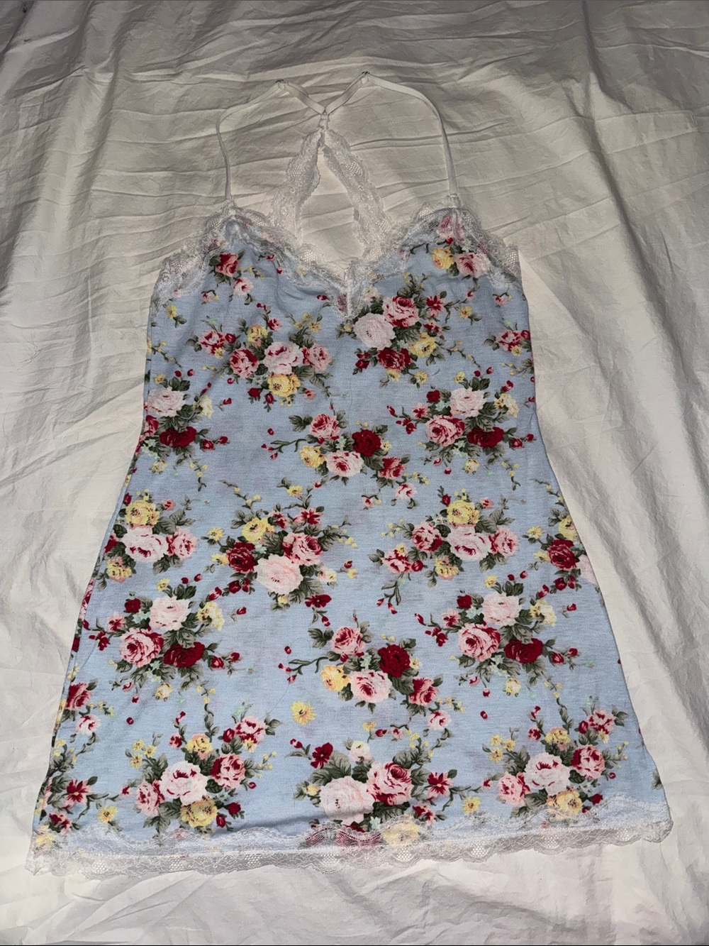 Floral Lace-Trim Chemise Slip - Light Blue